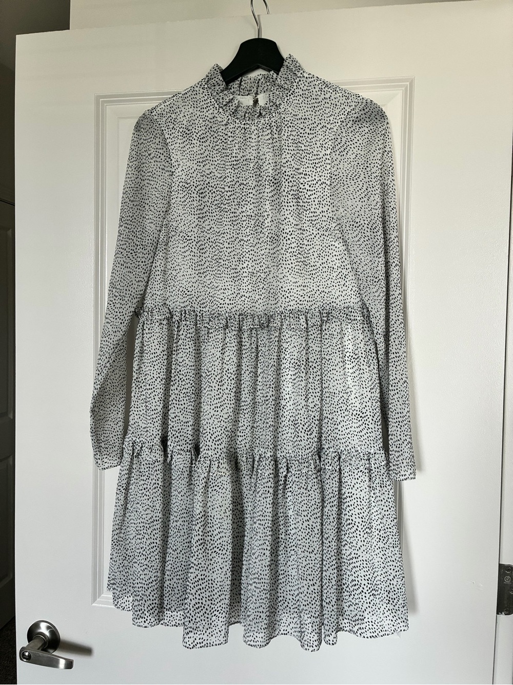 TED Baker - White Chiffon Tiered Long-Sleeve Mini Dress with Black Dot Print